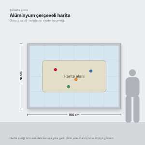 Alüminyum çerçeveli Türkiye haritası 70×100 cm (şematik çizim)