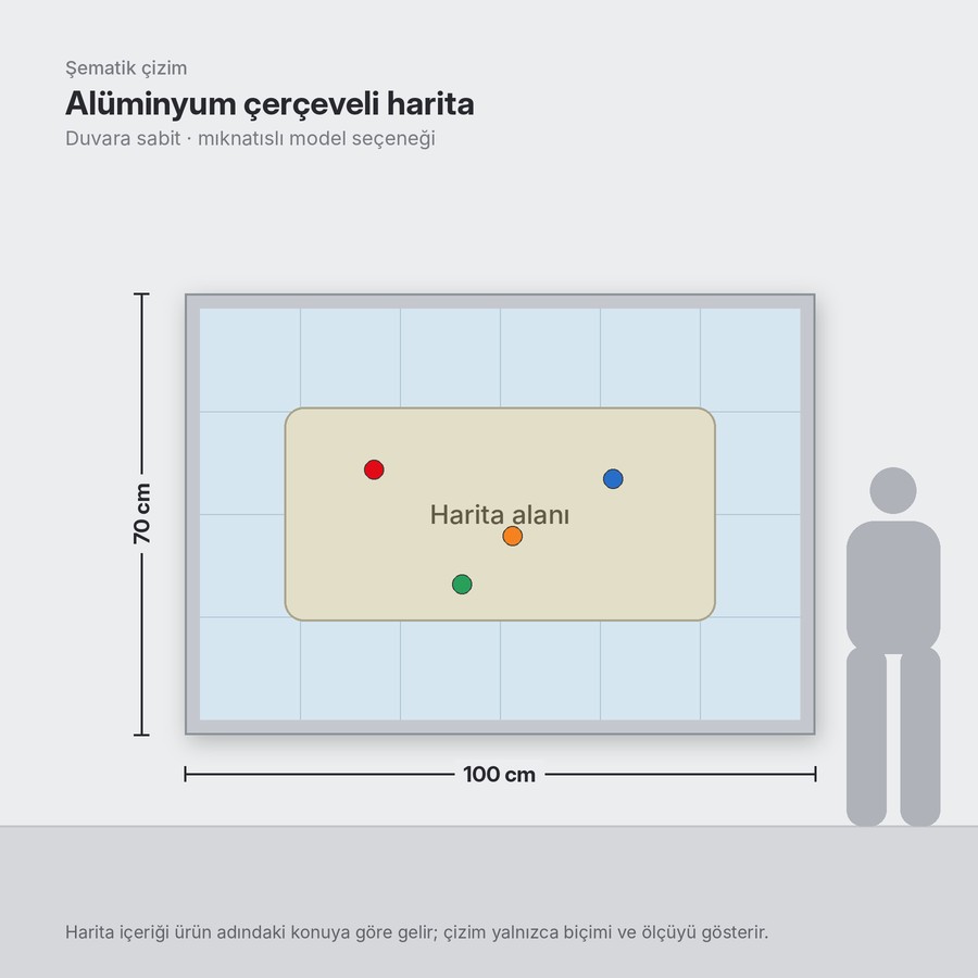 Alüminyum çerçeveli Türkiye haritası 70×100 cm (şematik çizim)